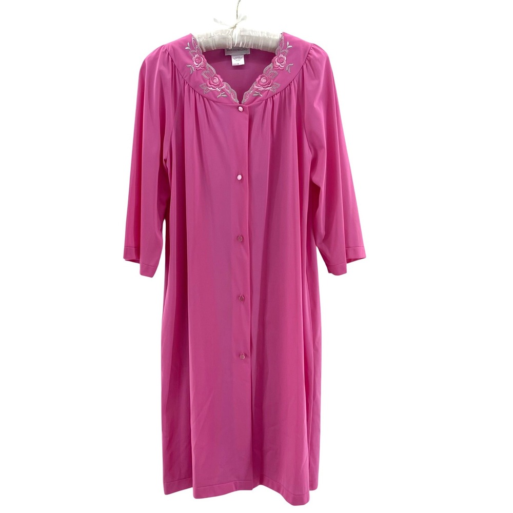 Shadowline Robe Womens S Pink Peignoir Floral Embroidered Button Front Coquette
